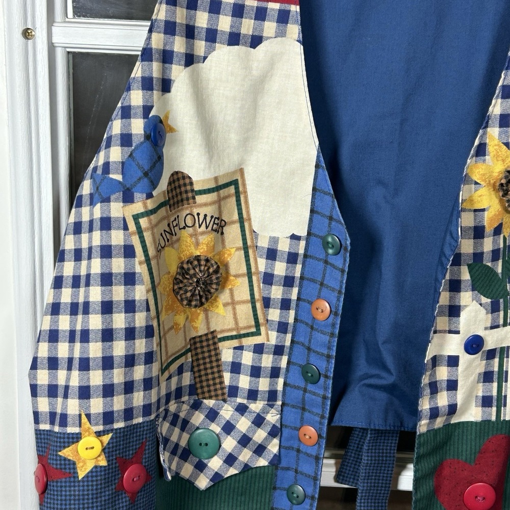 Handmade Blue Gingham Sunflower Appliqué Novelty Button Vest Cottagecore OS - Picture 3 of 15